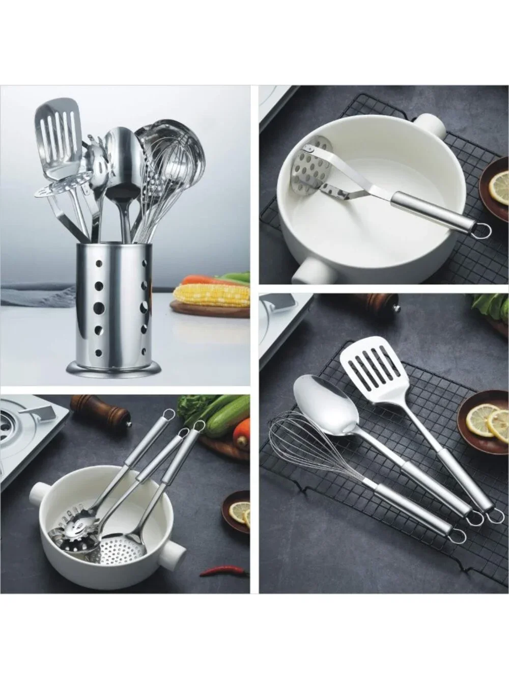 8-Piece Stainless Steel Cooking Utensil Set with Stand, Kitchen Tools